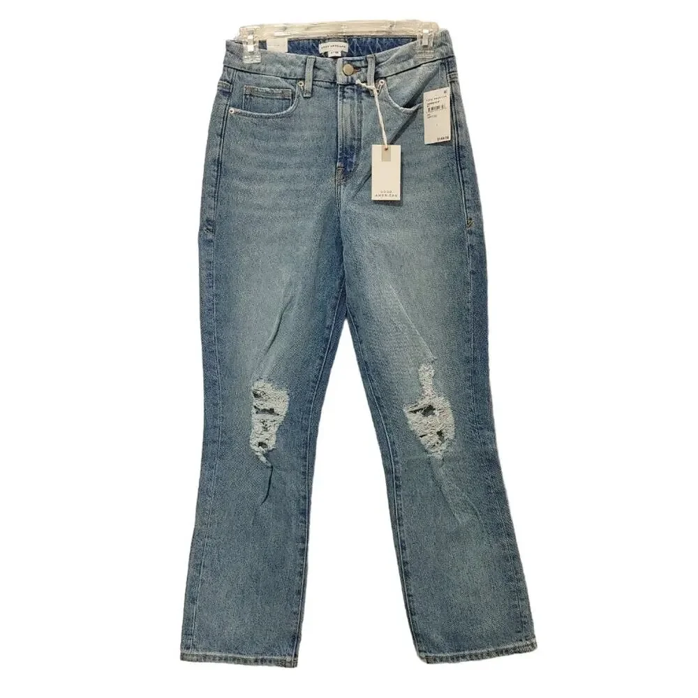 Good American Good Boy Destroyed High Waist Jeans Indigo085 Womens Size 2 NWT - Picture 3 of 10